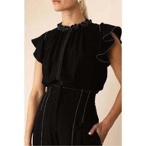 Ulla Johnson Julia Noir Top Black Ruffle Contrast Stitch Flutter Sleeve Size 12